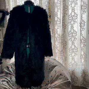 Long jet black faux fur coat
